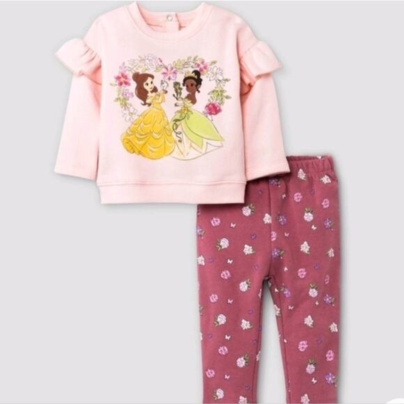 Disney NWT Princess Girl Outfit Belle and‎ Tiana Sweatshirt and Leggings 6-9m - Picture 1 of 11